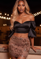 Women's Solid Color Beaded Sequin Low-Waist Bodycon Cocktail Skirt