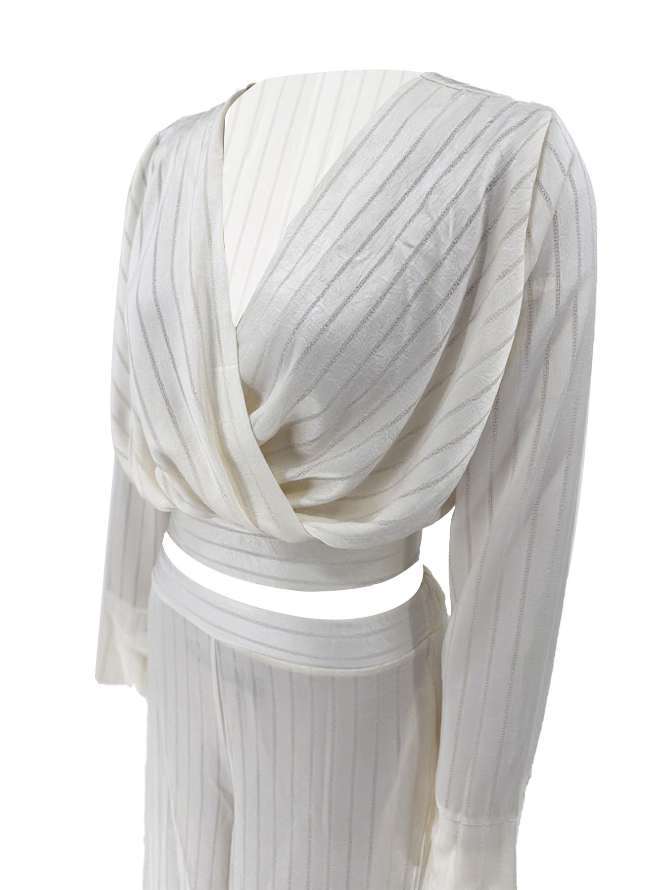 Women's Long Sleeve V-Neck Crop Top and High-Waist Wide-Leg Pants Set