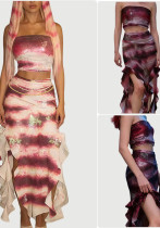 Women's Gradient Strapless Ruffle Slit Skirt Sexy Set