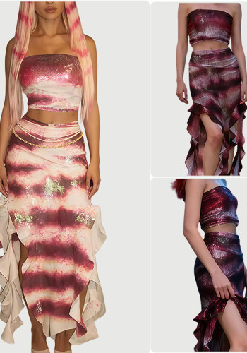 Women's Gradient Strapless Ruffle Slit Skirt Sexy Set