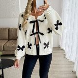 Women's Autumn Casual Knit Jacquard Bow Tie-Front Cardigan