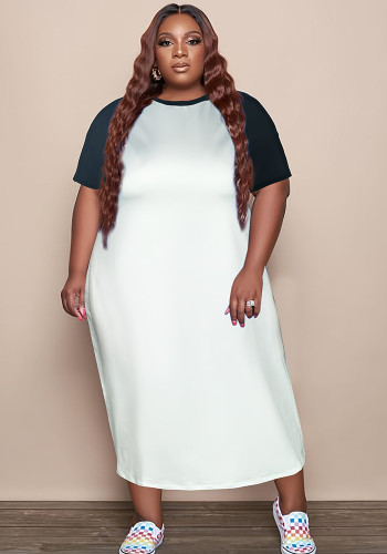 Plus Size Women's Color-Block Round Neck Short Sleeve Casual Dress