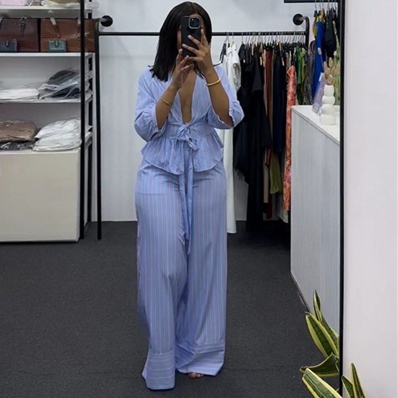 Women's Autumn Sweet V-Neck Striped Tie-Front Shirt and Pants Casual Set