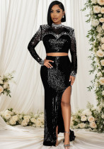 Women's Mesh Rhinestone Top and Irregular Sequin Skirt Two-Piece Set