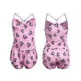 Women's Sweet Heart Print Lace Trim Sleepwear Set