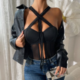 Women's Sexy Lace-Up Cut-Out Black Mesh Bodysuit