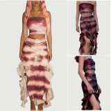 Women's Gradient Strapless Ruffle Slit Skirt Sexy Set