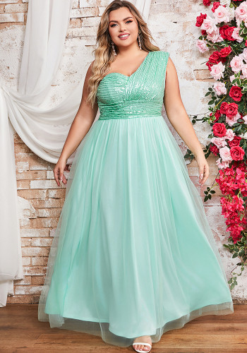 Plus Size Women's Elegant Sequin Patchwork Mesh Slash Shoulder Party Dress