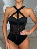 Women's Sexy Lace-Up Cut-Out Black Mesh Bodysuit