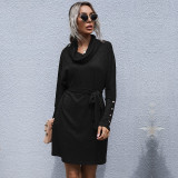 Women's Autumn Black Turtleneck Solid Knit Sweater Dress