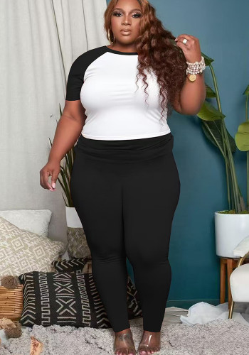 Plus Size Women's Color-Block Short Sleeve Casual Sport Two-Piece Pants Set