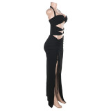 Women Hollowed-Out Metal Buckle Slit Halter Neck Lace-Up Holiday Maxi Dress