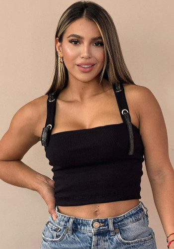 Women Summer Backless Beaded Crop Tank Top