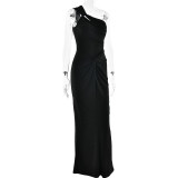 Women One-Shoulder Knot Pleated Sexy Solid Maxi Dress