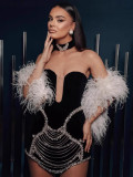 Women Strapless Rhinestone Chain Choker Bandage Dress