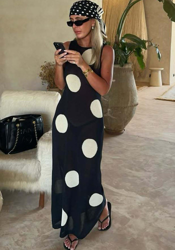 Women Autumn/Winter Polka Dot Casual Knitting Bohemian Beach See-Through Maxi Dress