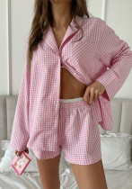 Women spring plaid long-sleeved top and shorts pajamas two-piece set