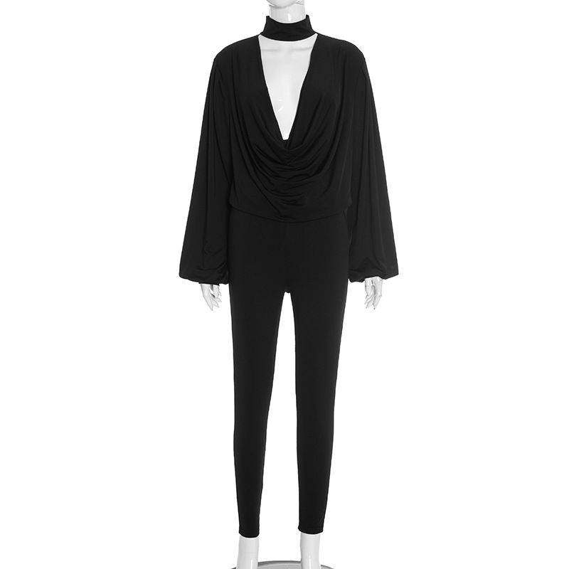 Women Halter Neck drop neck long-sleeved top and pants sexy two-piece set