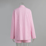 Women spring plaid long-sleeved top and shorts pajamas two-piece set