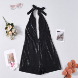 Women Pu-Leather Halter Neck Backless Sexy Hollow-out Romper