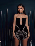 Women Strapless Rhinestone Chain Choker Bandage Dress