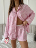 Women spring plaid long-sleeved top and shorts pajamas two-piece set