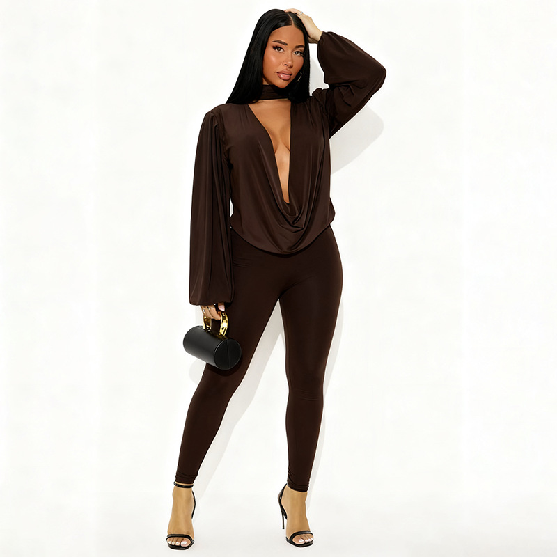 Women Halter Neck drop neck long-sleeved top and pants sexy two-piece set