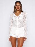 Women See-Through Lace Solid Sexy Long-Sleeve Shirt Top