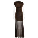 Women Sexy Pleated Mesh Patchwork Solid Maxi Dress