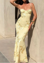 Women French Floral Formal Party Solid Maxi Dress