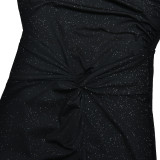 Women One-Shoulder Knot Pleated Sexy Solid Maxi Dress
