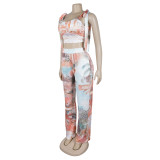 Casual Print Ruffle Strappy Top and Wide-Leg Pants Two-Piece Set