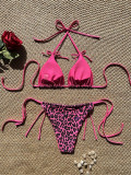 Women Leopard Print Color Block Beach Bikini Tie-Up Spa Two Pieces Swimwear