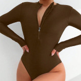 Women Printed Long Sleeve Zipper Bikini Beach One-Piece Swimwear