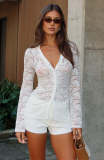 Women See-Through Lace Solid Sexy Long-Sleeve Shirt Top