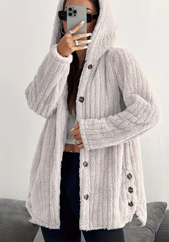 Women Autumn/Winter Solid Long-Sleeve Hooded Furry Jacket