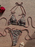 Women Leopard Print Color Block Beach Bikini Tie-Up Spa Two Pieces Swimwear