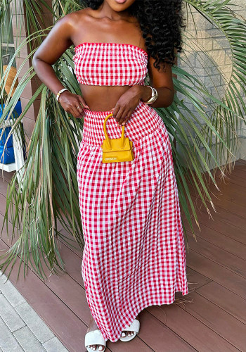 Women Sexy Plaid Bandeau Top and Long Two-piece Skirt Set