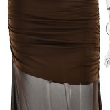 Women Sexy Pleated Mesh Patchwork Solid Maxi Dress