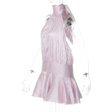 Women Autumn Sleeveless Sexy Tie-Up Halter Neck Backless Mini Dress
