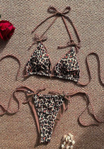 Women Leopard Print Color Block Beach Bikini Tie-Up Spa Two Pieces Swimwear