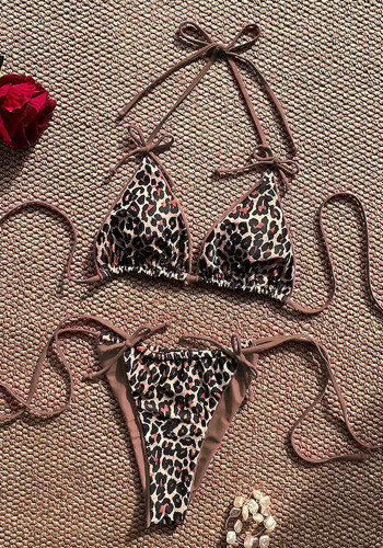 Women Leopard Print Color Block Beach Bikini Tie-Up Spa Two Pieces Swimwear