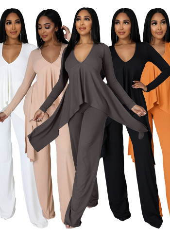 Women casual long-sleeved V-neck ribbed irregular top and pant two-piece set