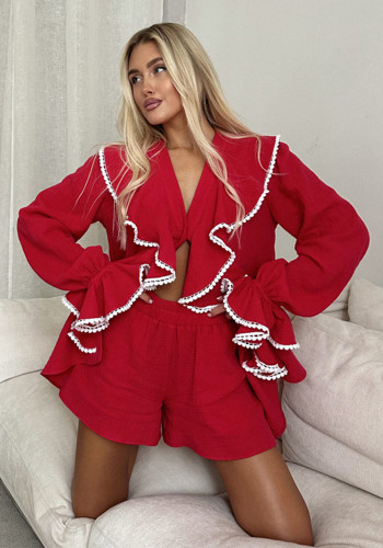 Women Lace V-Neck Bell Bottom Sleeve Top and Shorts Two-Piece Set