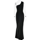 Women One-Shoulder Knot Pleated Sexy Solid Maxi Dress