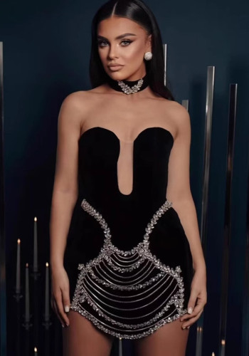 Women Strapless Rhinestone Chain Choker Bandage Dress