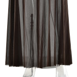 Women Sexy Pleated Mesh Patchwork Solid Maxi Dress