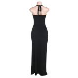 Women Hollowed-Out Metal Buckle Slit Halter Neck Lace-Up Holiday Maxi Dress