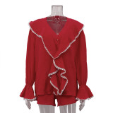 Women Lace V-Neck Bell Bottom Sleeve Top and Shorts Two-Piece Set