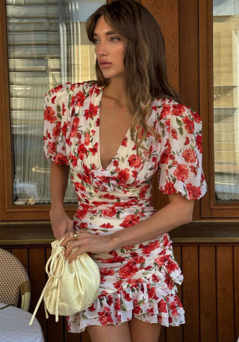 Women Summer Floral V-Neck Puff Sleeve Ruffle Dress